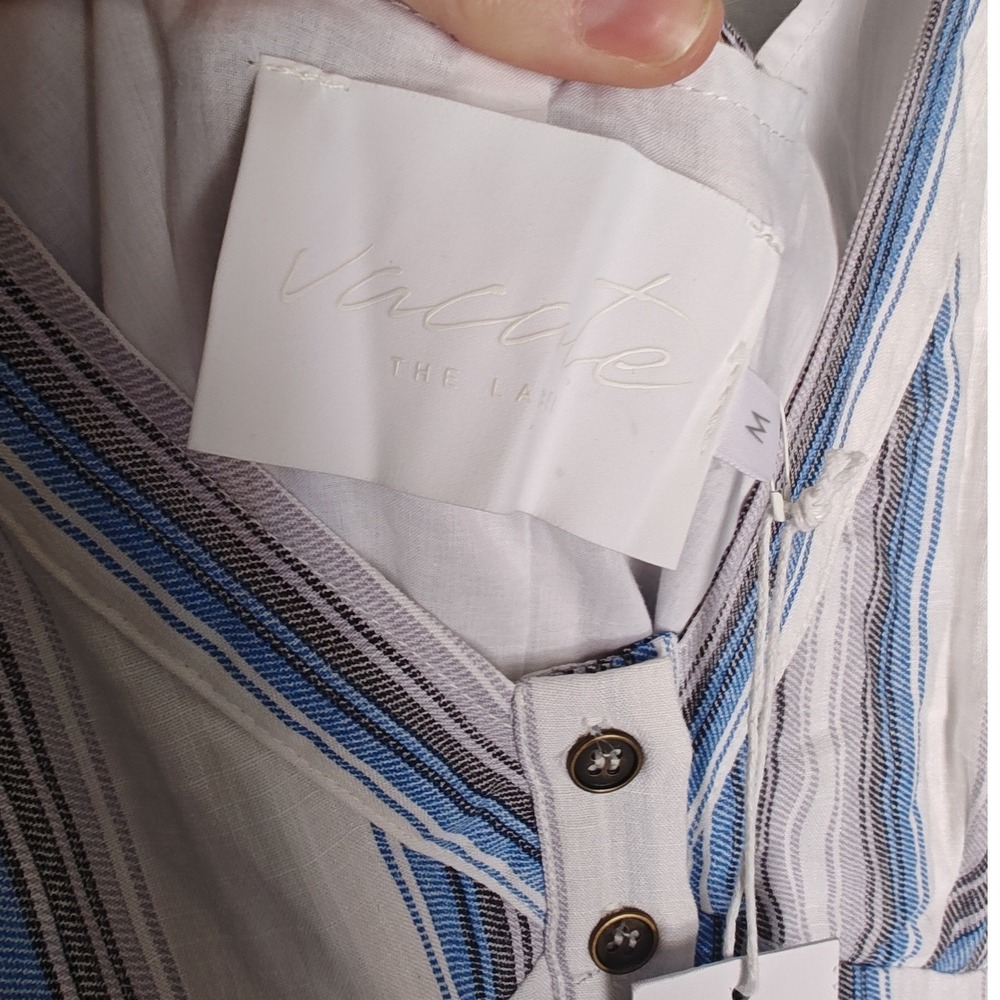 Vacate The Label Dress Standby Midi Panama Stripe Tiered Vneck White Blue M New - Picture 8 of 11
